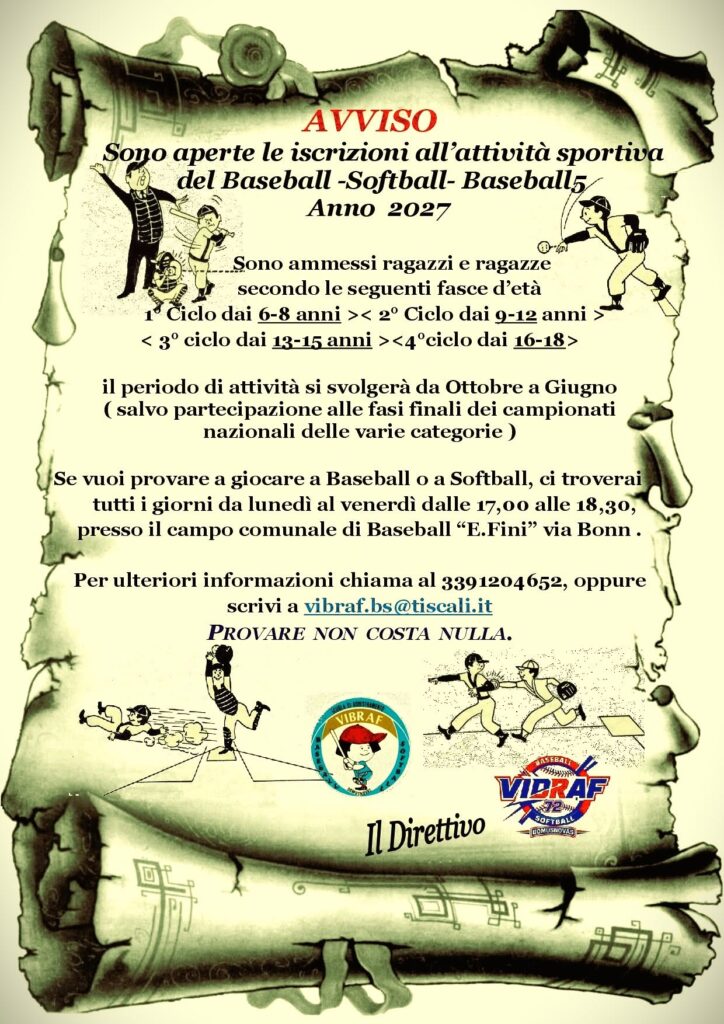 Foto 1 – Aperte le iscrizioni alla Scuola di Baseball e Softball